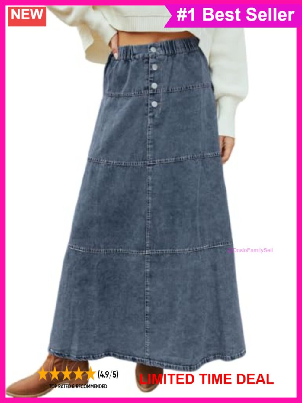 Casual Denim Maxi Skirt Elastic High Waist A-Line Tiered Jean Skirt